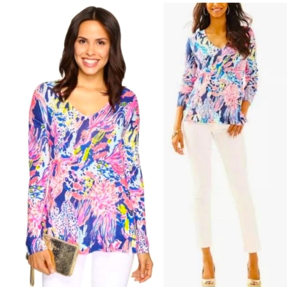 Lilly Pulitzer 100% Linen LIESEL SWEATER Indigo Sunken Treasure V-Neck